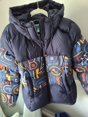 Women's Navy Puffer Jacket with Multicolor Letter Print